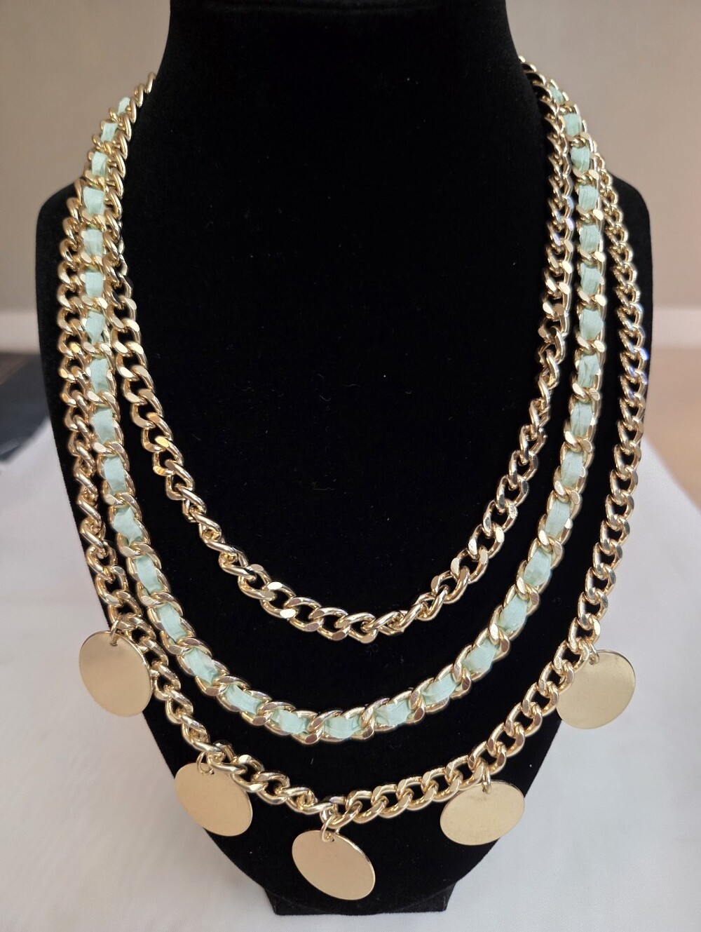 Gold-Tone‎ Layered Chain Necklace with Mint Accents